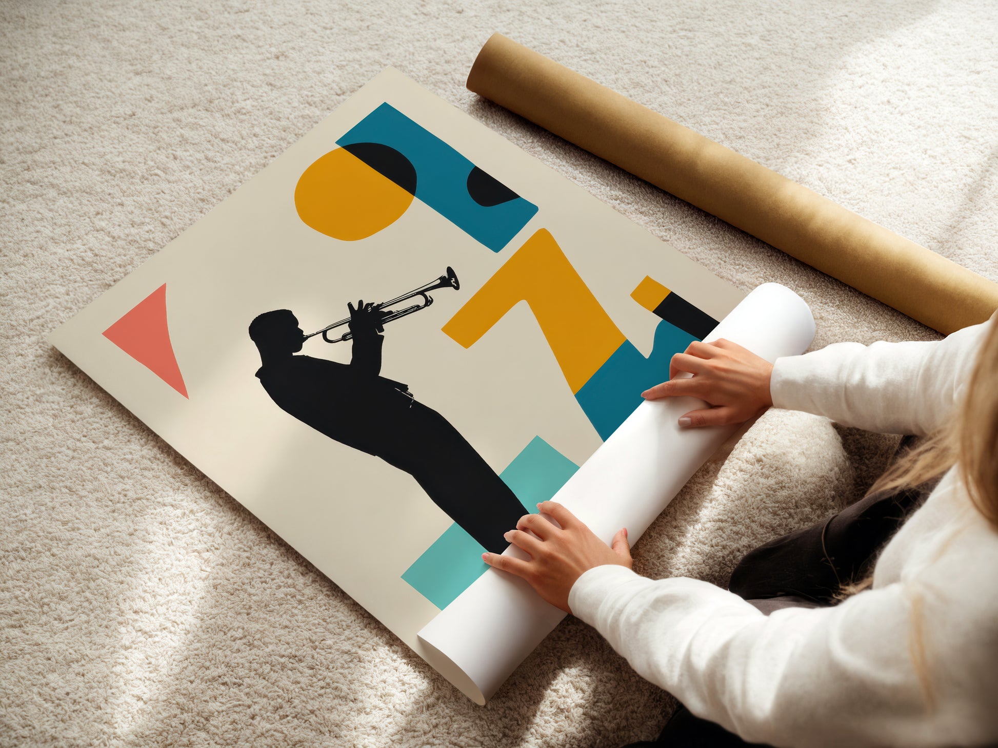 Person unrolling a poster of a silhouette playing a trumpet on a light-colored floor.