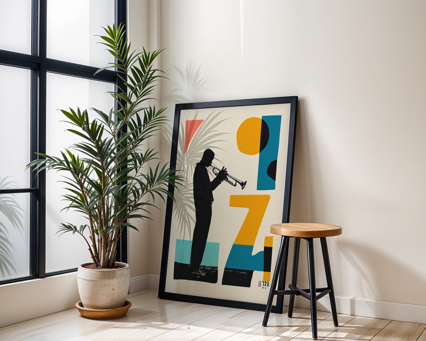Framed abstract art of a musician playing a trumpet next to a plant and stool in a room with large windows.