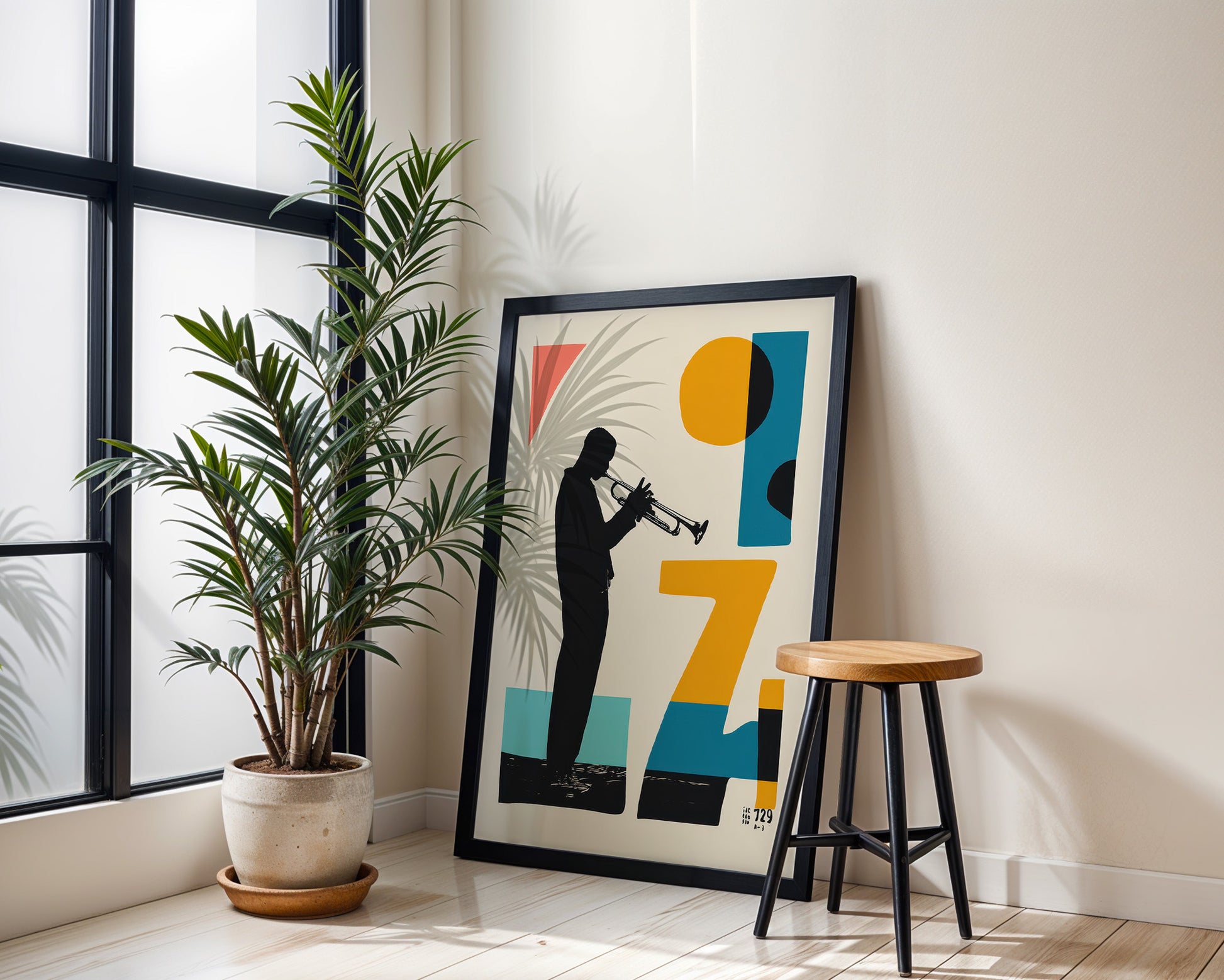 Framed abstract art of a musician playing a trumpet next to a plant and stool in a room with large windows.