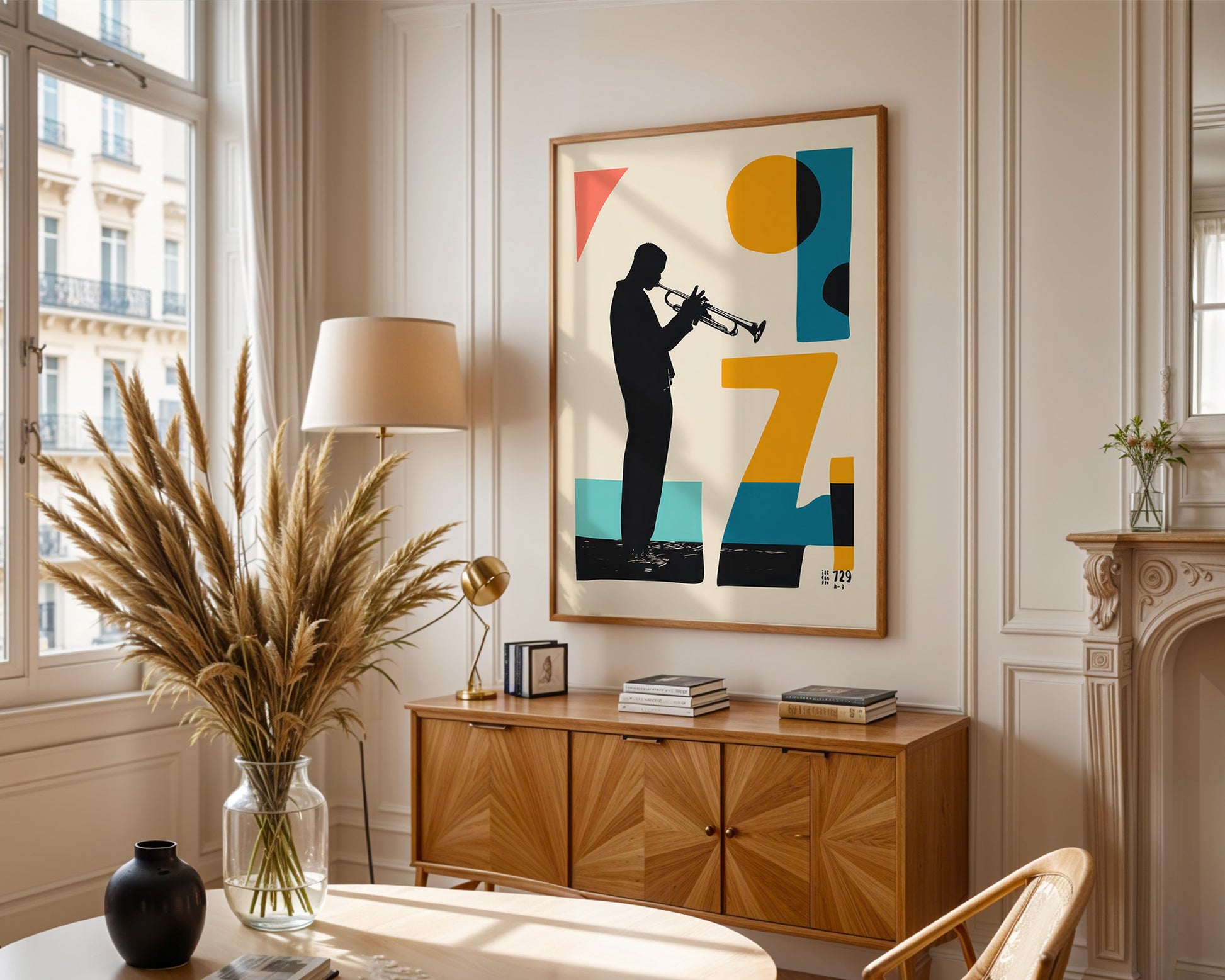Living room with a jazz-themed poster, wooden cabinet, and decorative items.