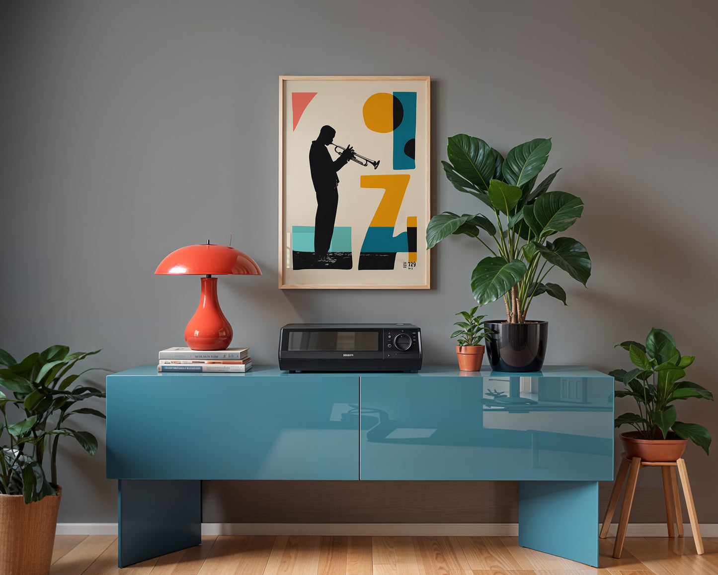 dopamine decor print in an interior with a blue hi fi table, red lamp, and decorative items against a gray wall.
