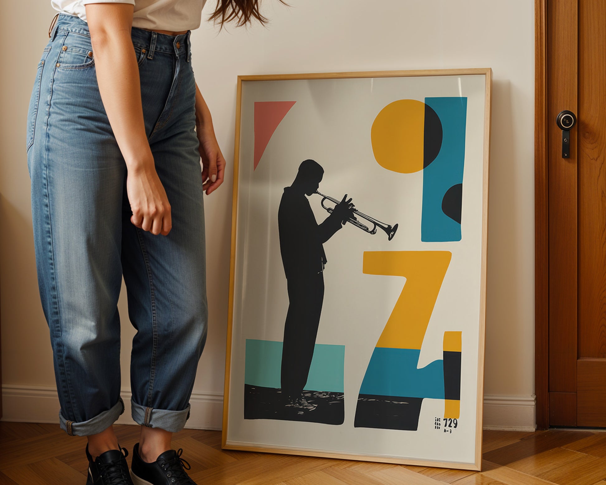 Person standing next to a framed poster of a jazz musician playing a trumpet.