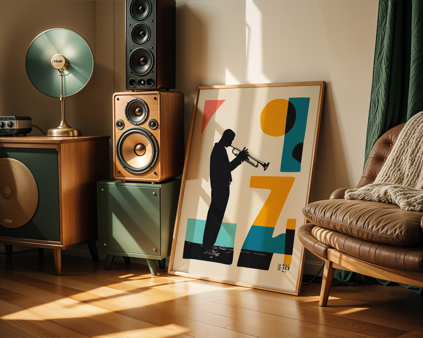 Room interior with speakers, a lamp, and a framed picture of a musician playing a trumpet.
