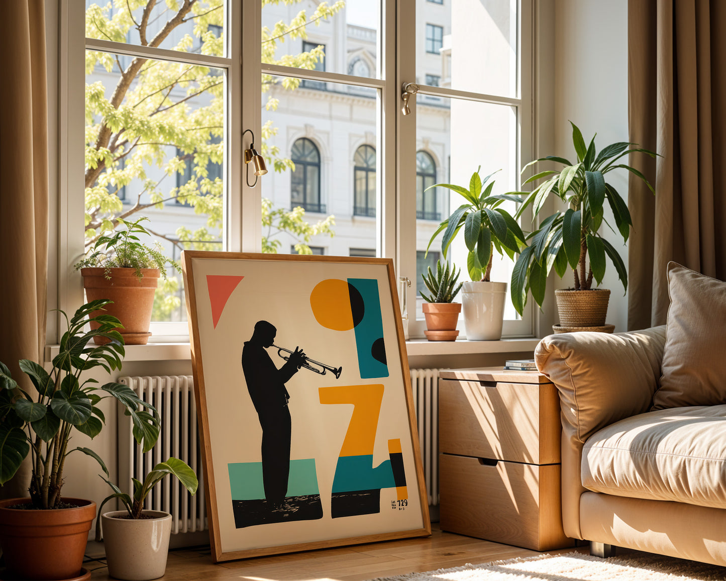 Living room with a large window, plants, and a framed artwork of a silhouette playing a trumpet.