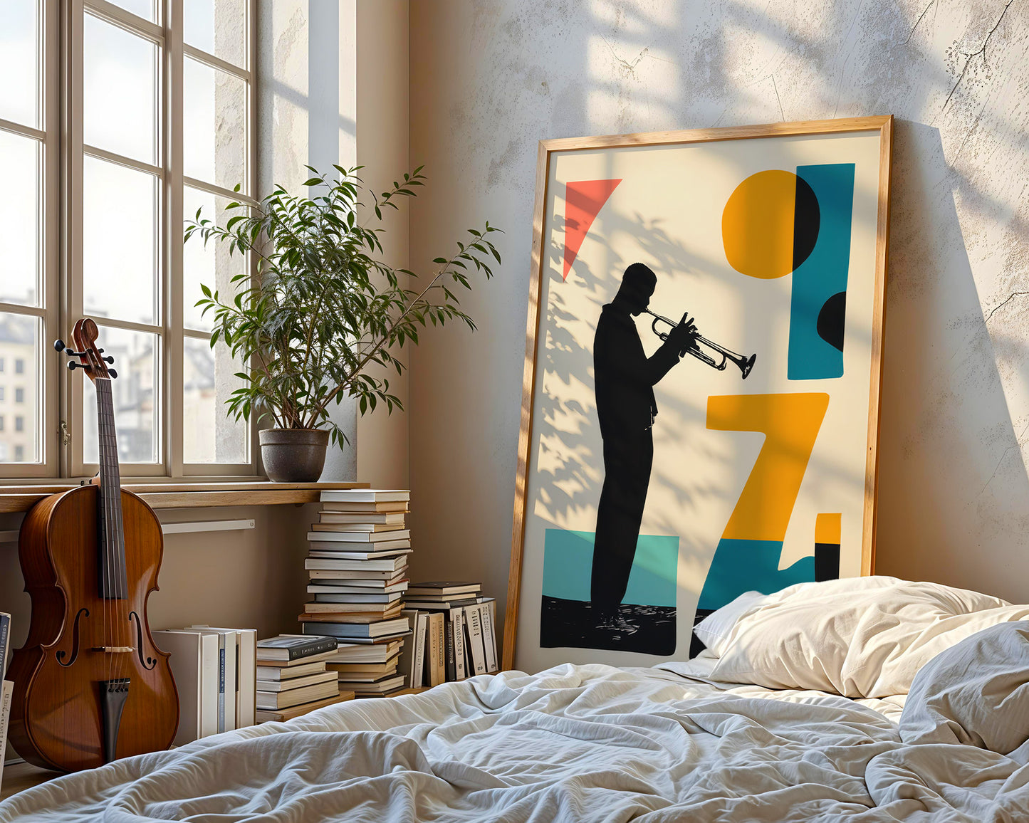 Room interior with a maximalist music poster framed artwork of a  jazz silhouette playing a trumpet, books, and a violin.