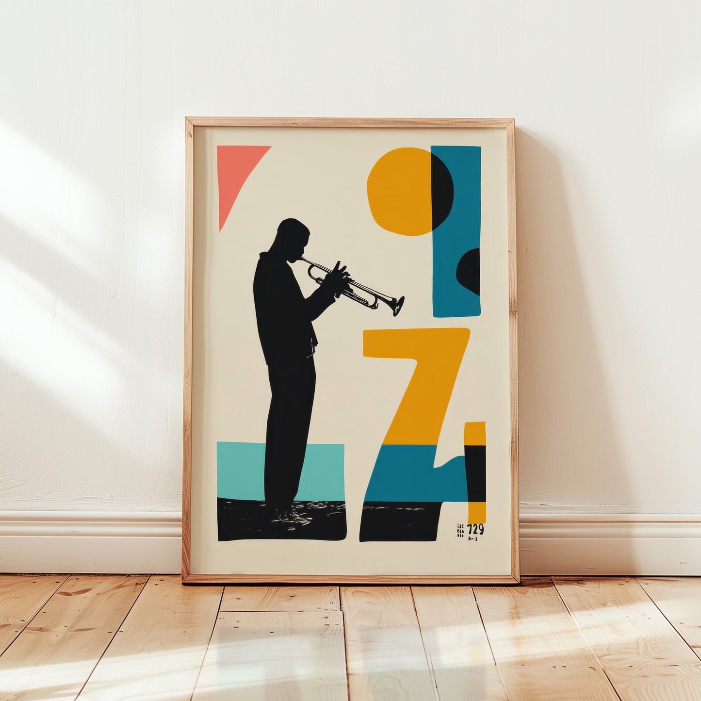 Framed jazz trumpet silhouette art print in wooden frame, cream background with teal mustard and coral geometric shapes