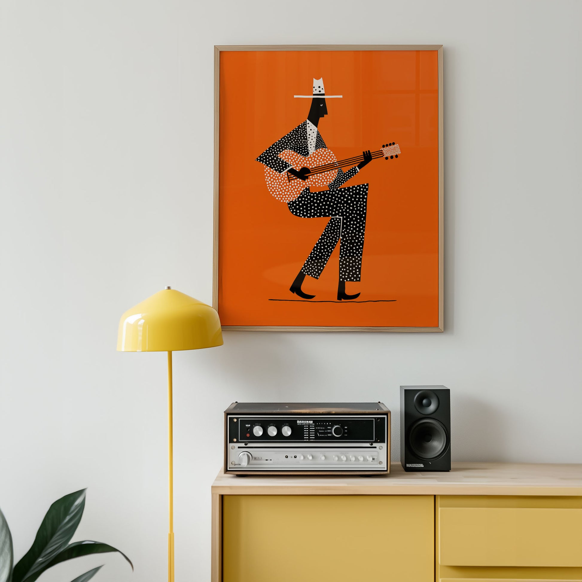 Mid-century modern poster styled in clean Scandinavian inspired living space