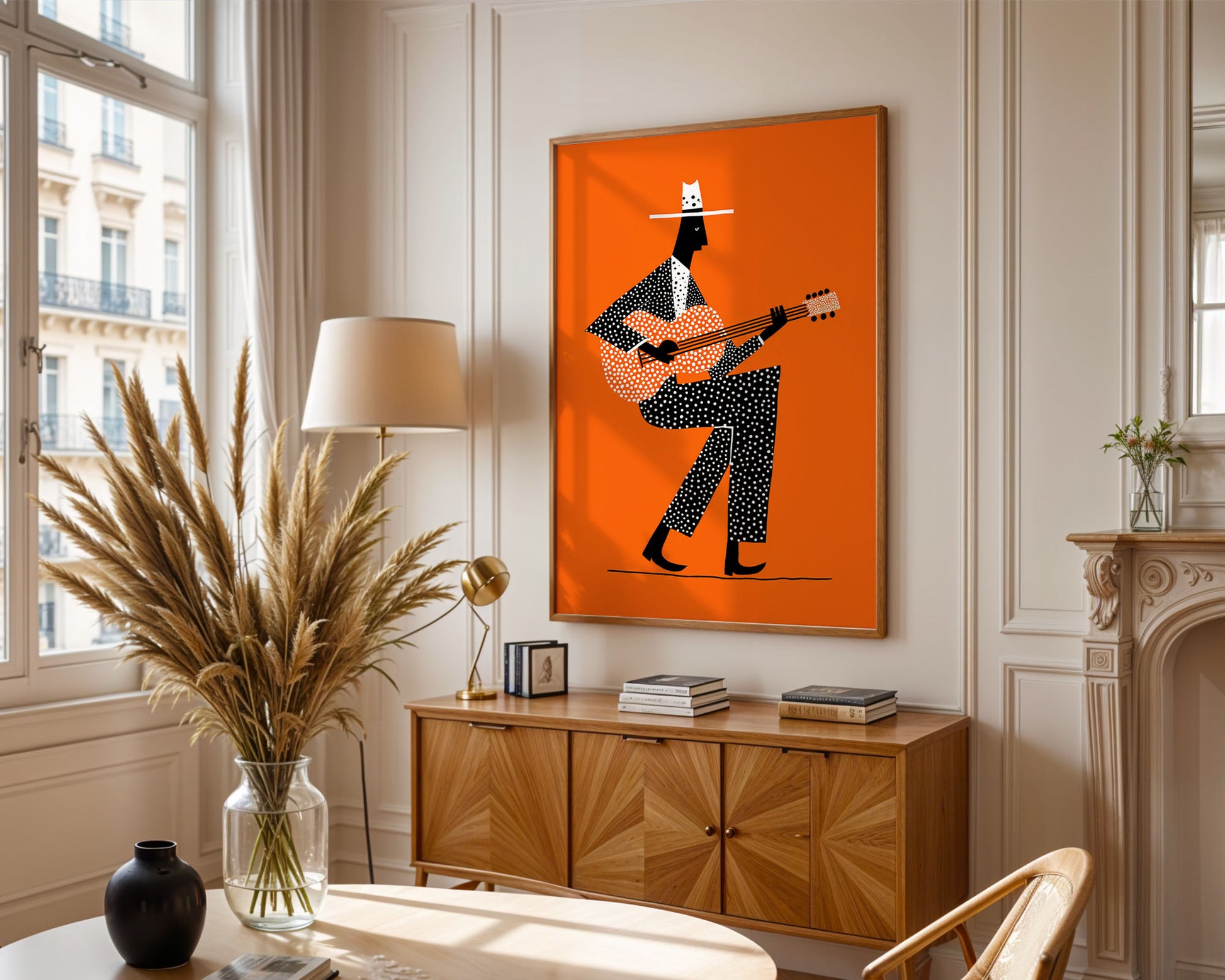 Colourful mid-century style poster adding bold accent to modern home interior