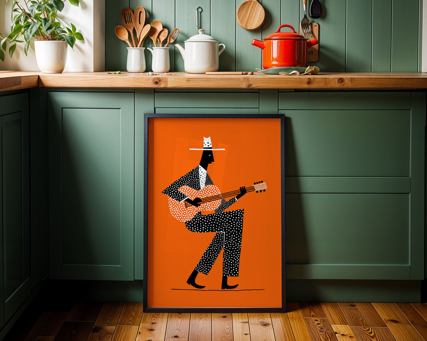 Colourful mid-century style poster adding bold accent to modern Kitchen home interior