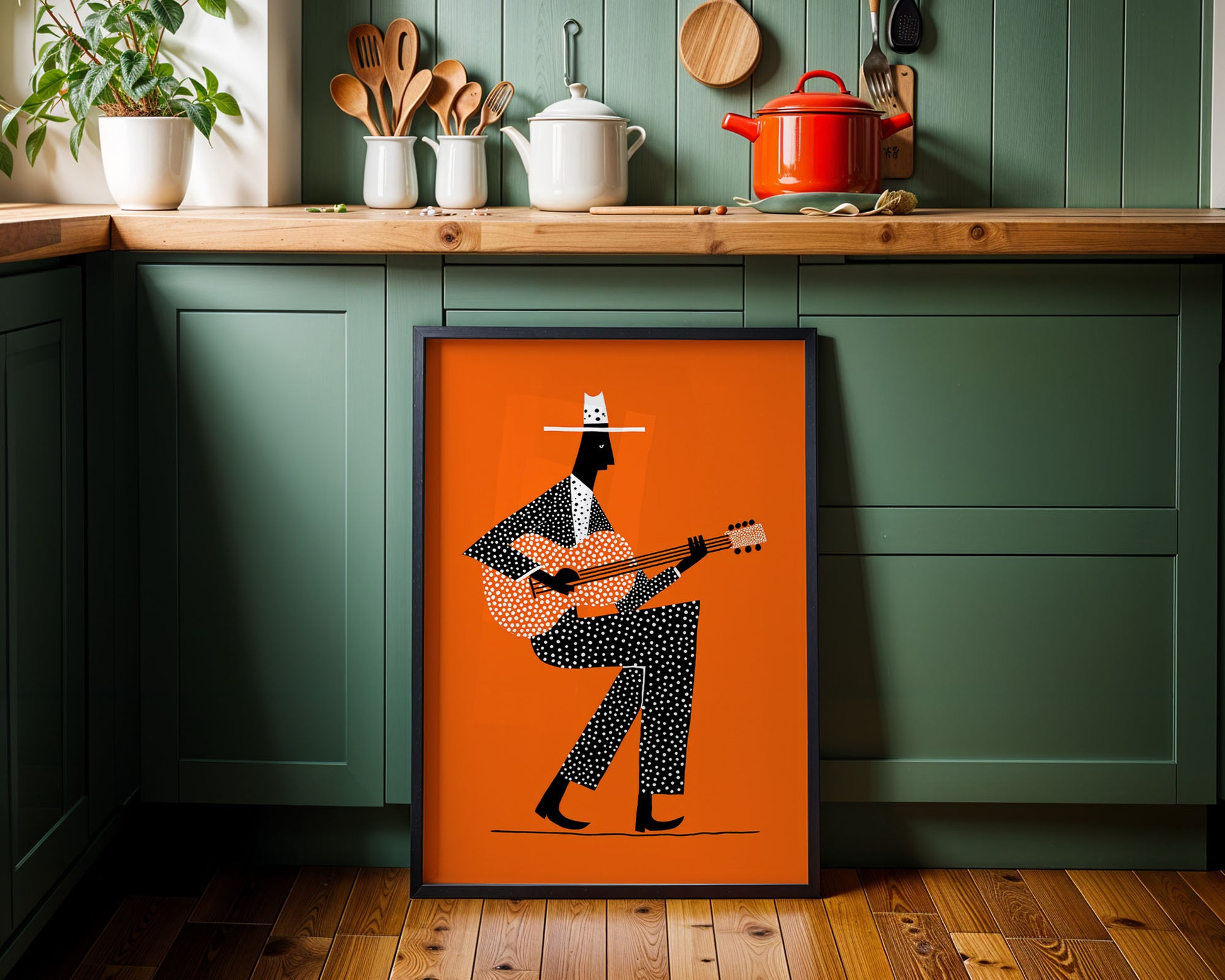 Colourful mid-century style poster adding bold accent to modern Kitchen home interior