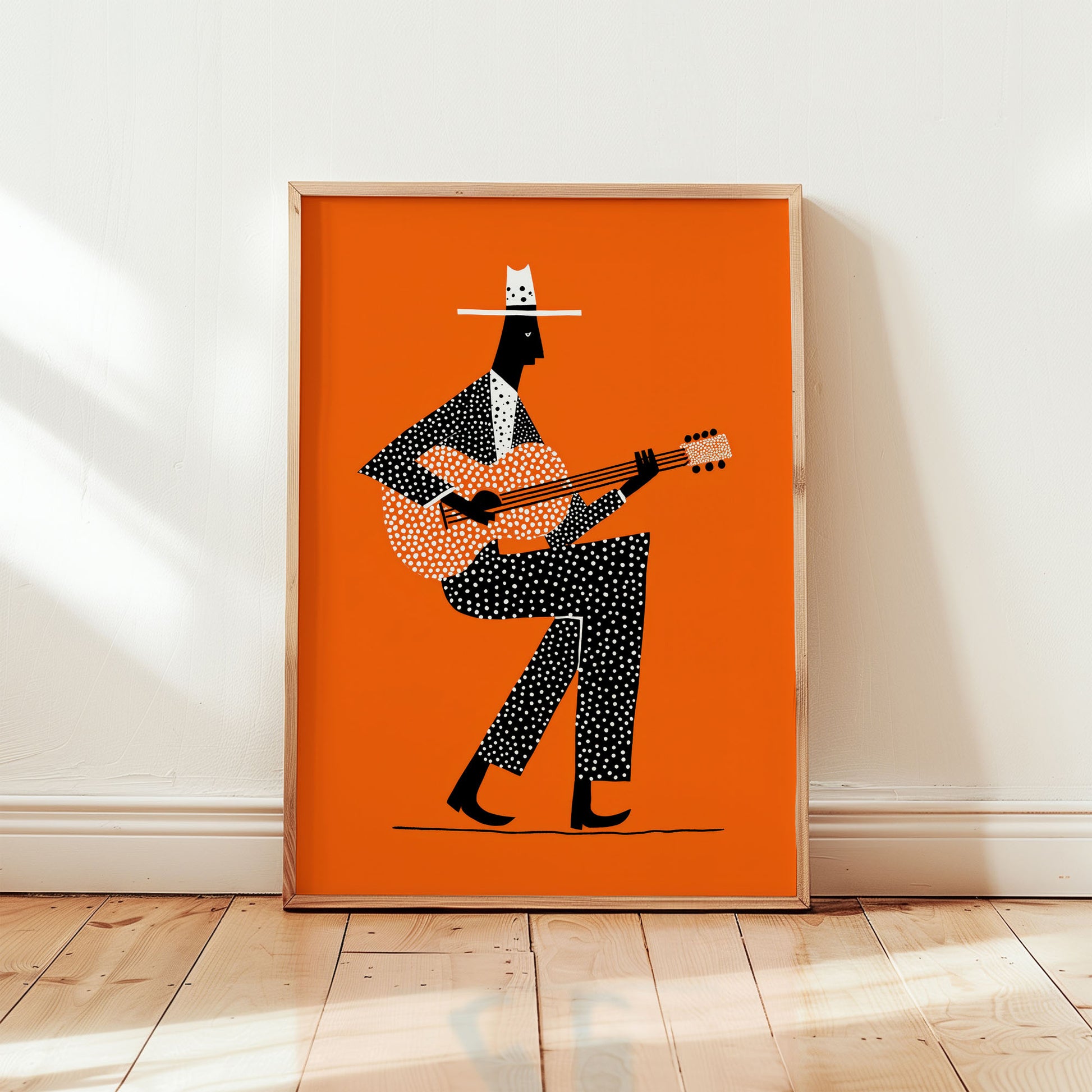 Orange jazz guitar poster featuring minimalist mid-century modern musician illustration on bold orange background from Wallgarde
