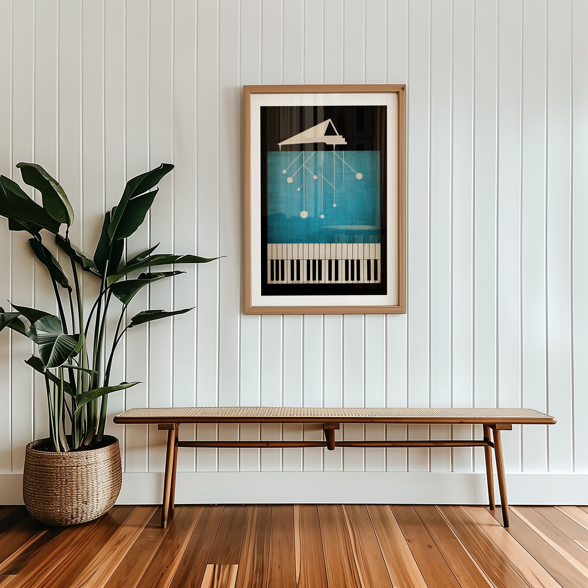 Framed artwork on a wall with a wooden bench and plant below.