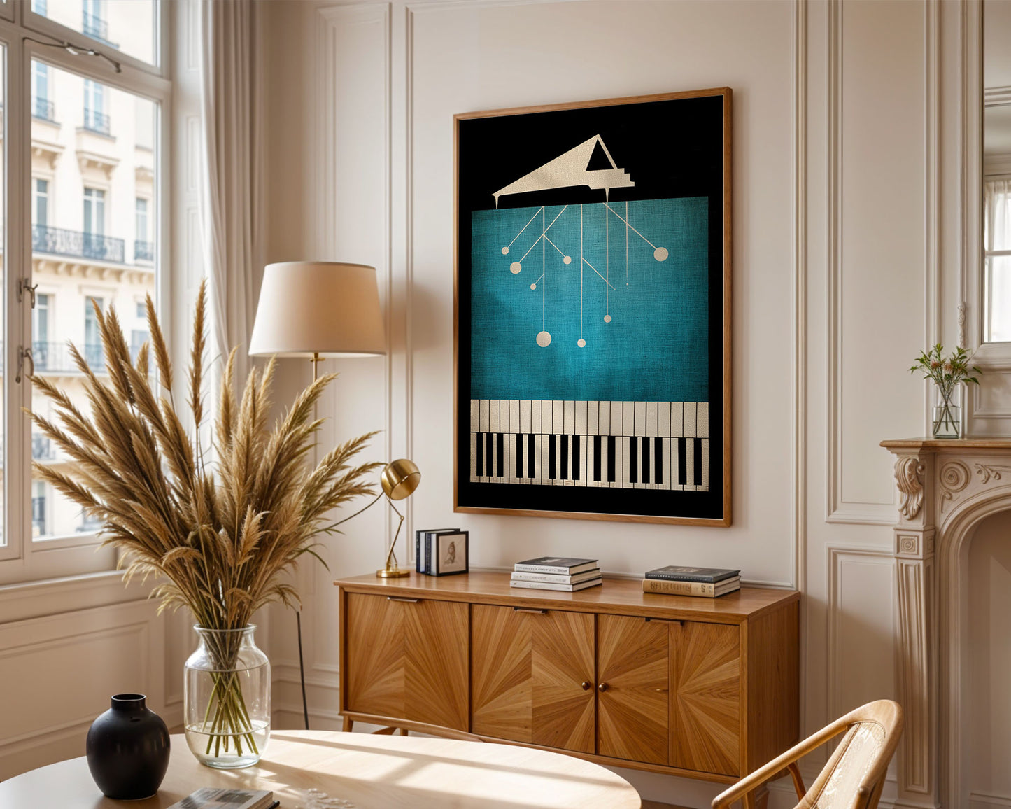 Modern living room with wooden cabinet, decorative vase, and abstract art on the wall.