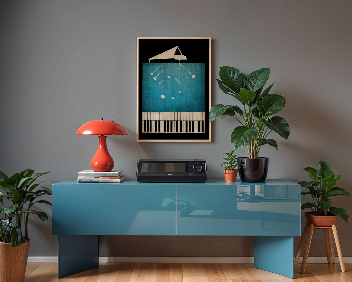 Mid-century modern wall art print featured in neutral interior design space