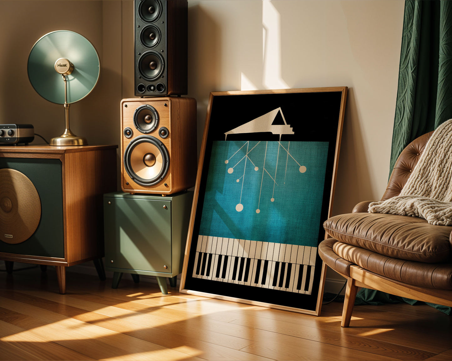 Room interior with wooden speakers, a framed poster of a piano, and a brown chair.