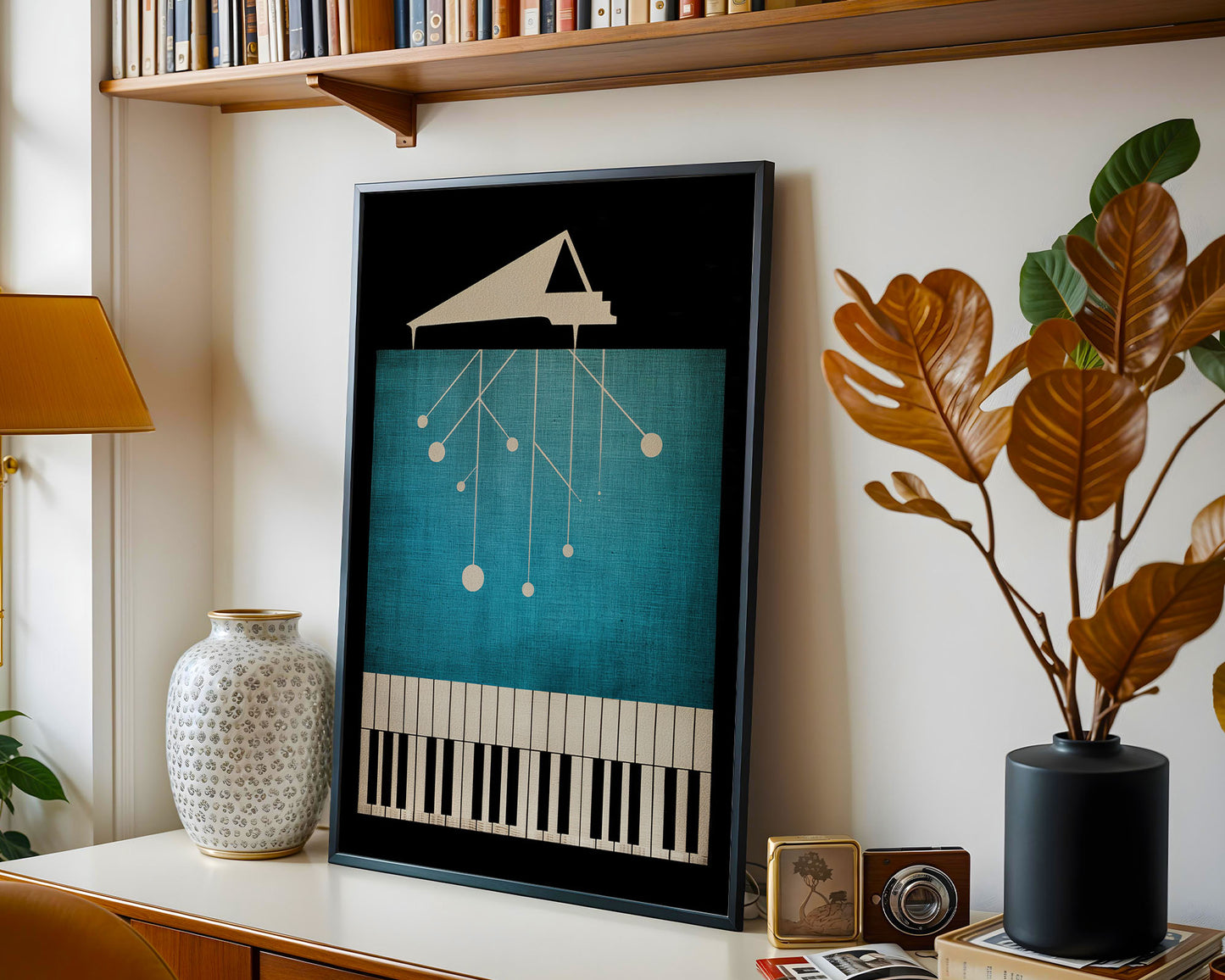 Minimalist jazz piano art print with grand piano silhouette and blue geometric modernist design from Wallgarde
