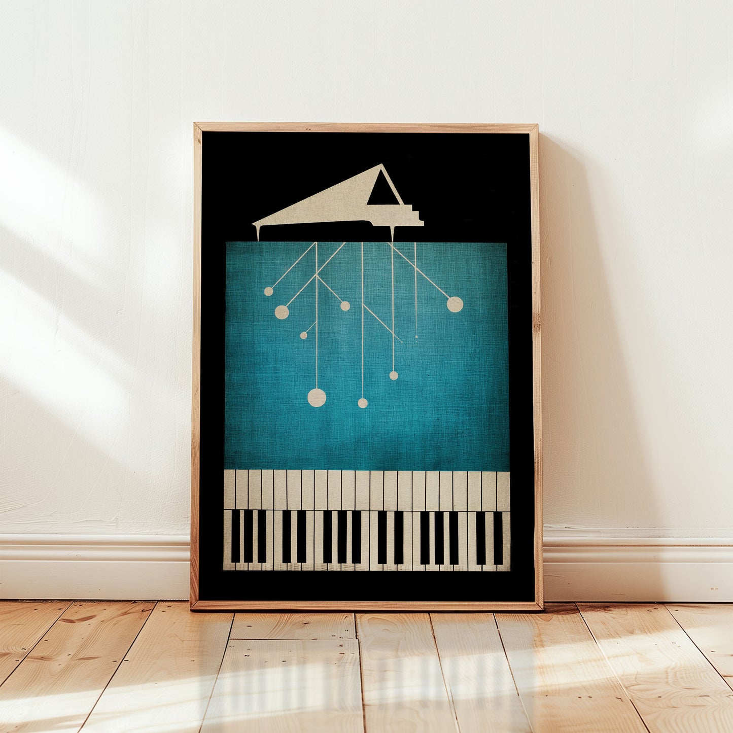 Retro jazz piano wall art print featuring minimalist grand piano and geometric abstract design in mid-century modern style from Wallgarde
