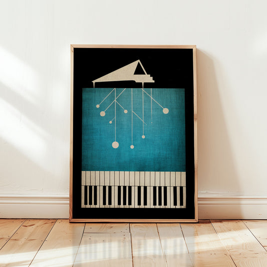 Retro jazz piano wall art print featuring minimalist grand piano and geometric abstract design in mid-century modern style from Wallgarde
