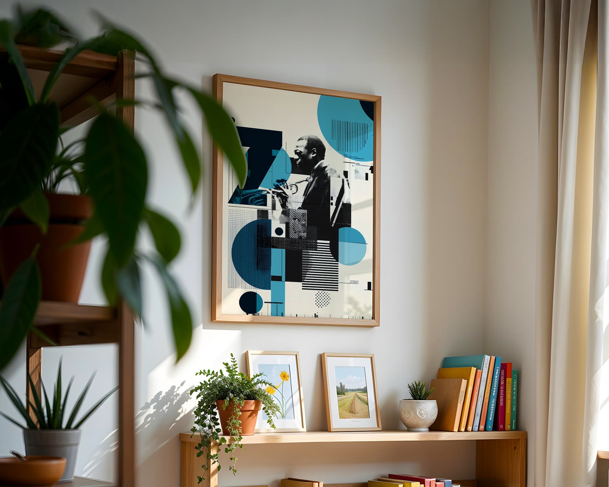 Framed miles davis jazz festival poster in wooden frame, teal  and black graphic design print, vintage music wall art