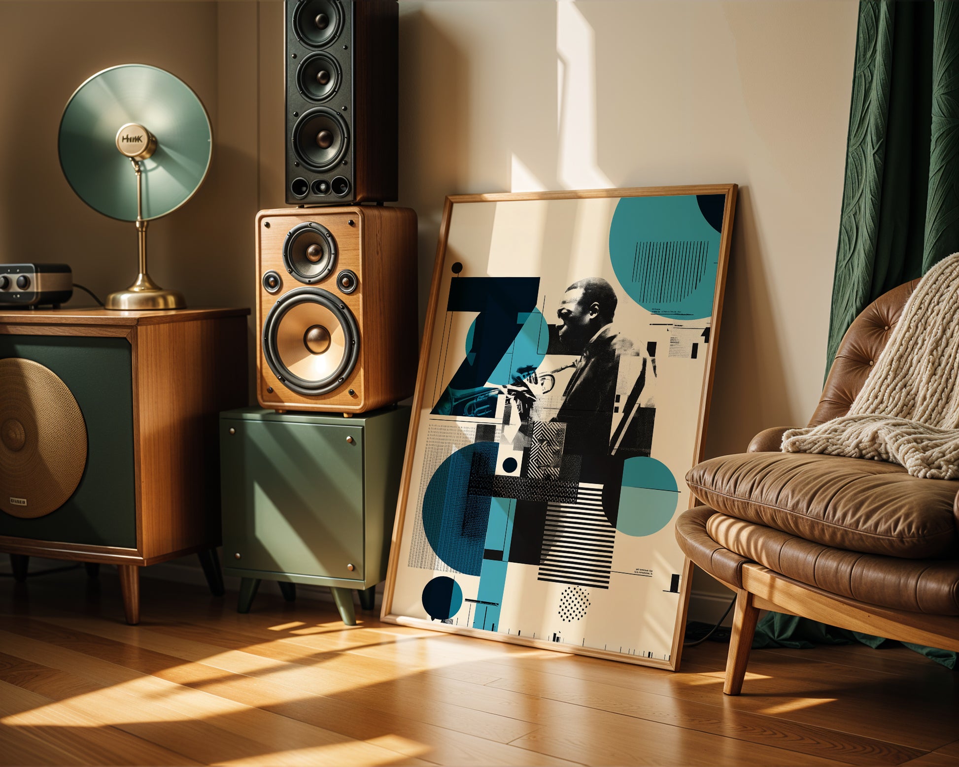 maximalist Jazz wall art, in  cozy music studio interior, speakers and stereo equipment adorn the music room.