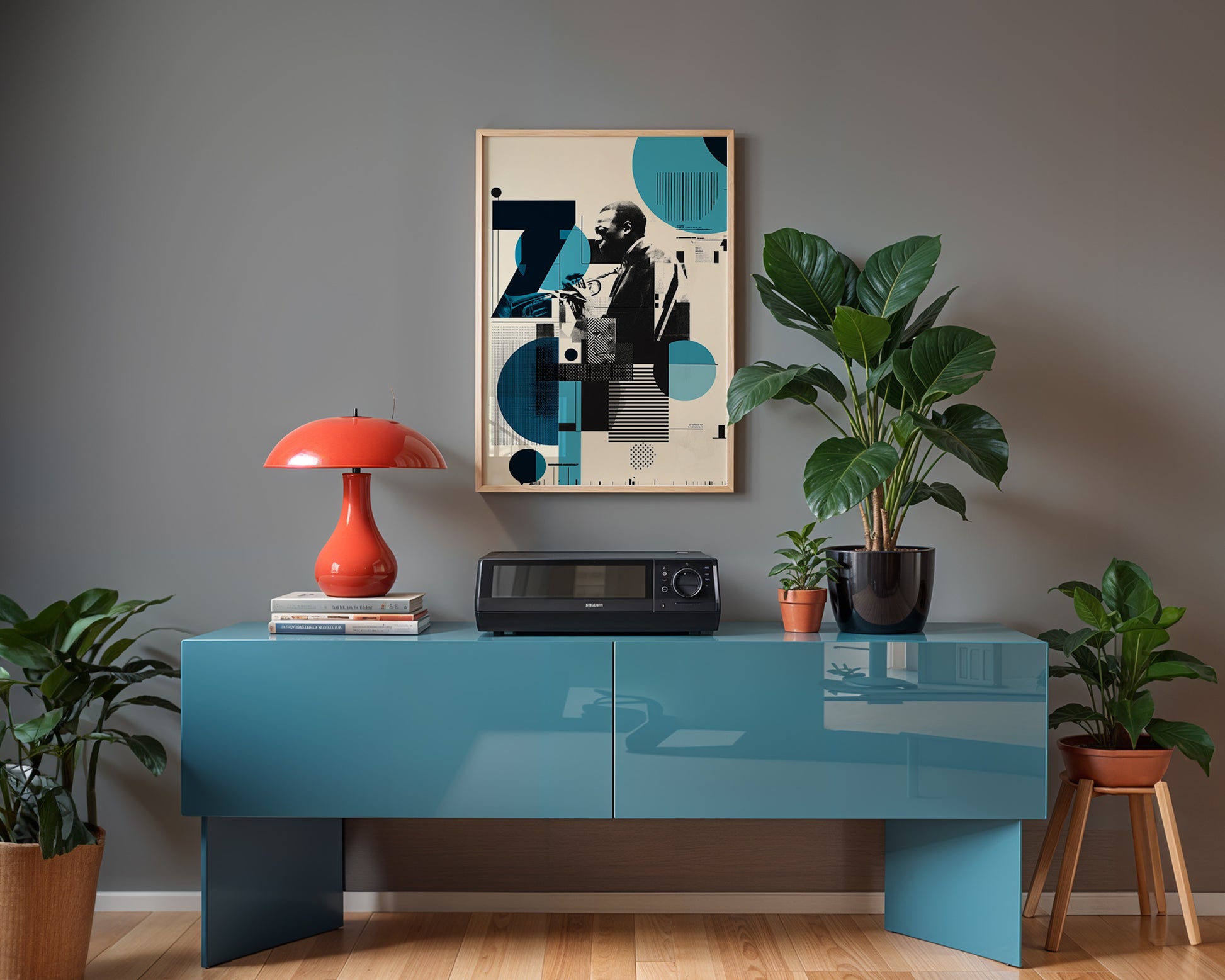 organic luxe living room with a blue and black  music poster and decorative items.