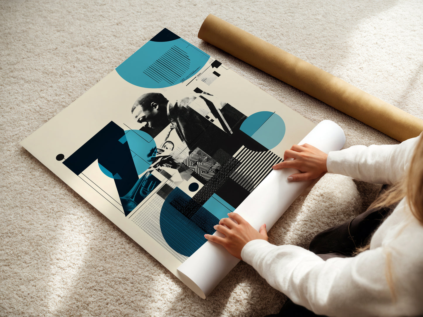 Woman getting a gift of a jazz print. 