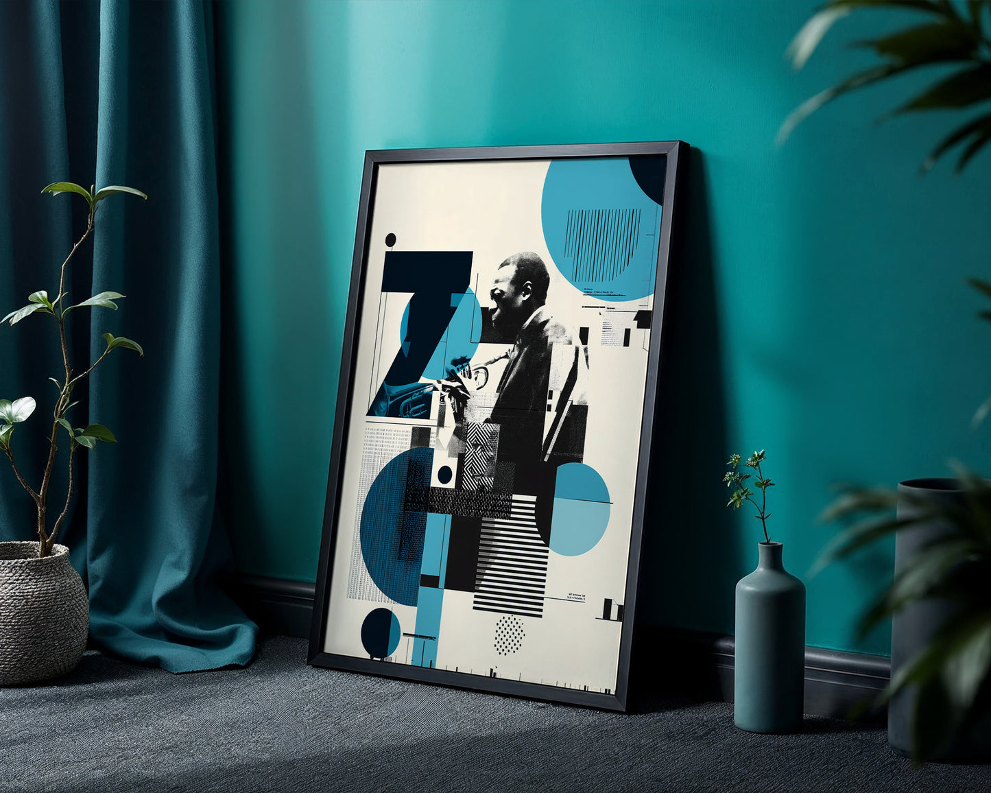 Vintage jazz trumpet art print leaning against wall, teal and navy geometric collage poster, Blue Note records style music print