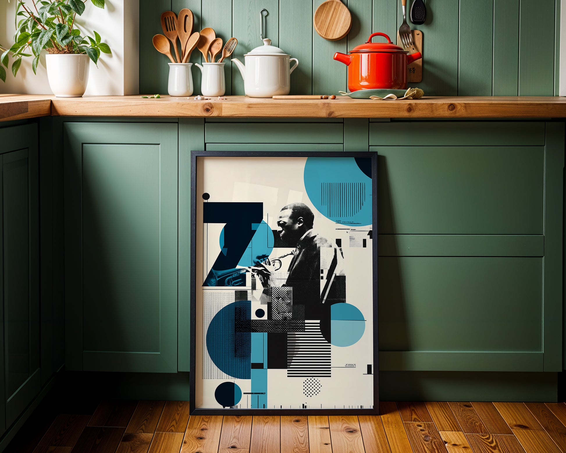 Abstract  Jazz art print on a kitchen wall with green cabinets and wooden countertop.