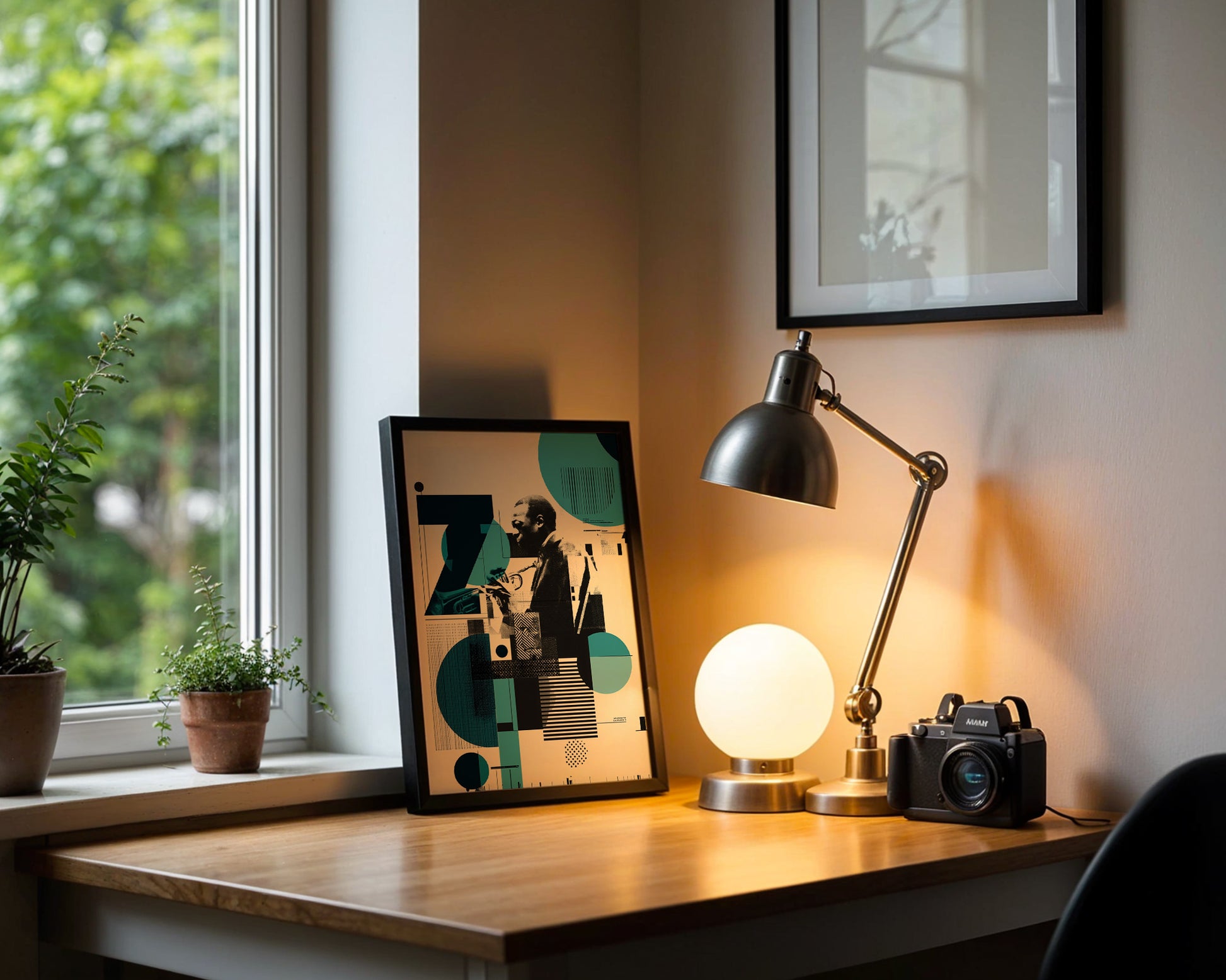 Desk with lamp, framed picture, and camera next to a window with plants.