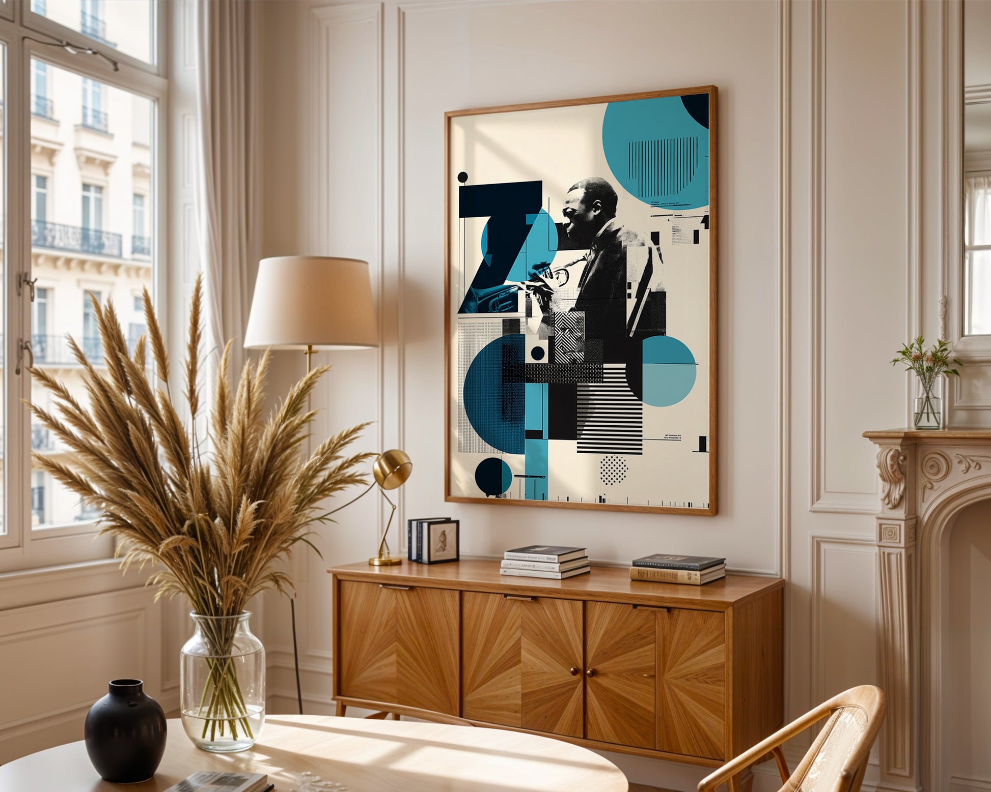 dark academia living room with abstract Jazz art, wooden cabinet, and decorative items.