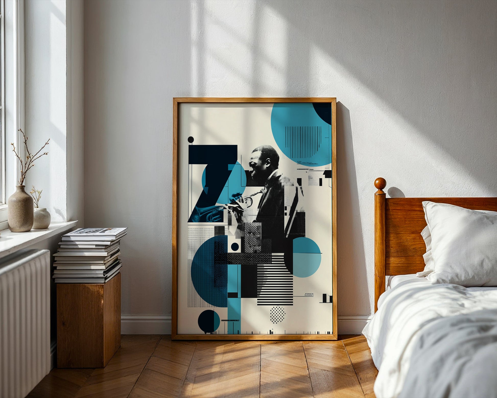 Framed abstract art piece on a wall in a bedroom with eclectic home decor and bedding.