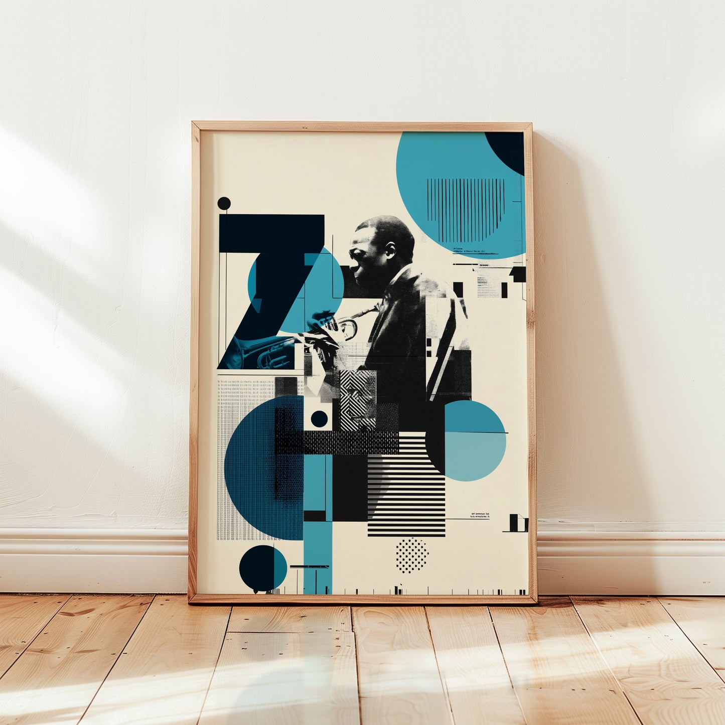 jazz trumpet art print leaning against wall, teal and navy geometric collage poster, Blue Note style music print