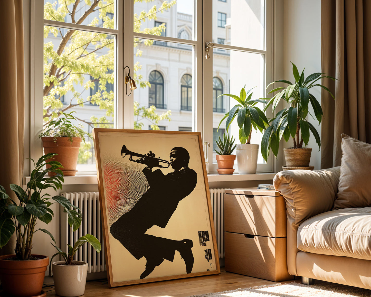 Mid-century inspired art poster styled above sofa in modern home decor setting