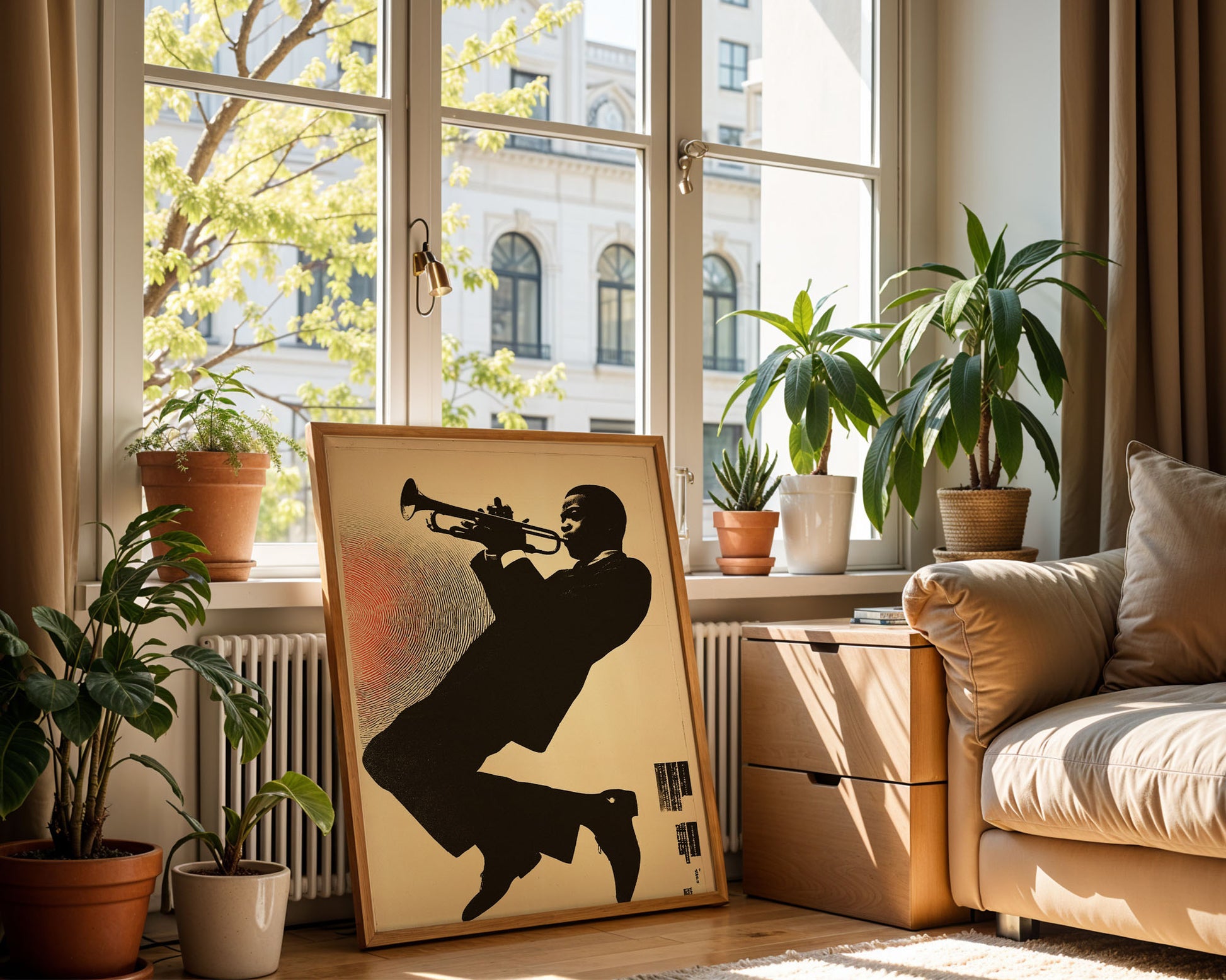 Mid-century inspired art poster styled above sofa in modern home decor setting