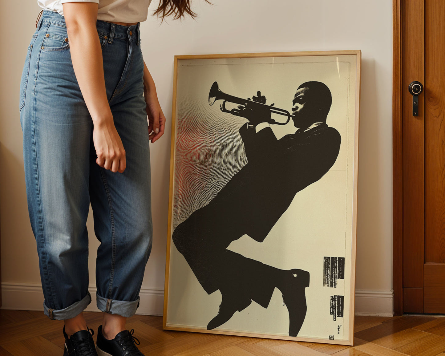 Framed mid-century style wall art print styled against minimalist interior wall