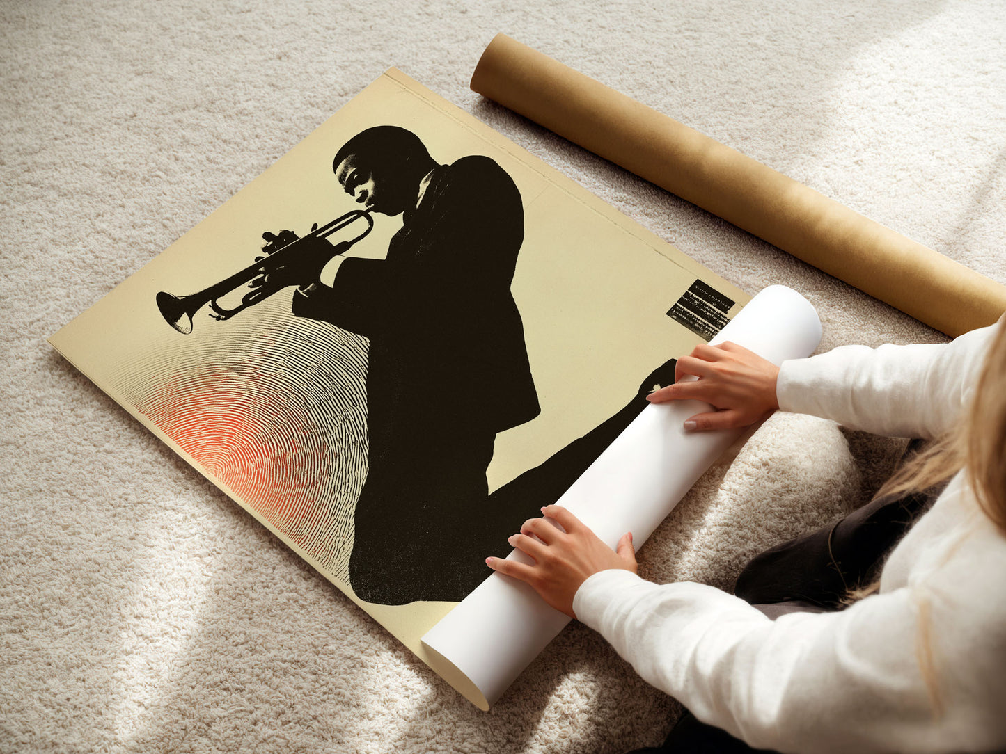 Person unrolling a poster of a silhouette of a person playing a trumpet on a beige background.