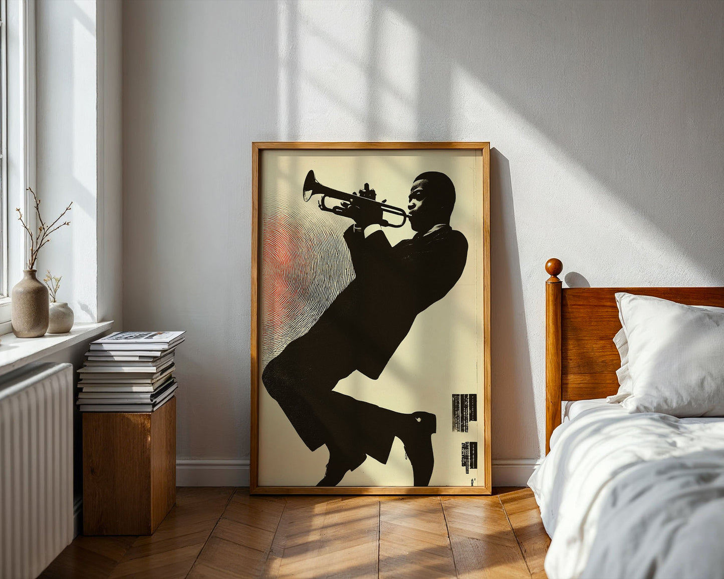 Framed artwork of a silhouette playing a trumpet in a bedroom setting.