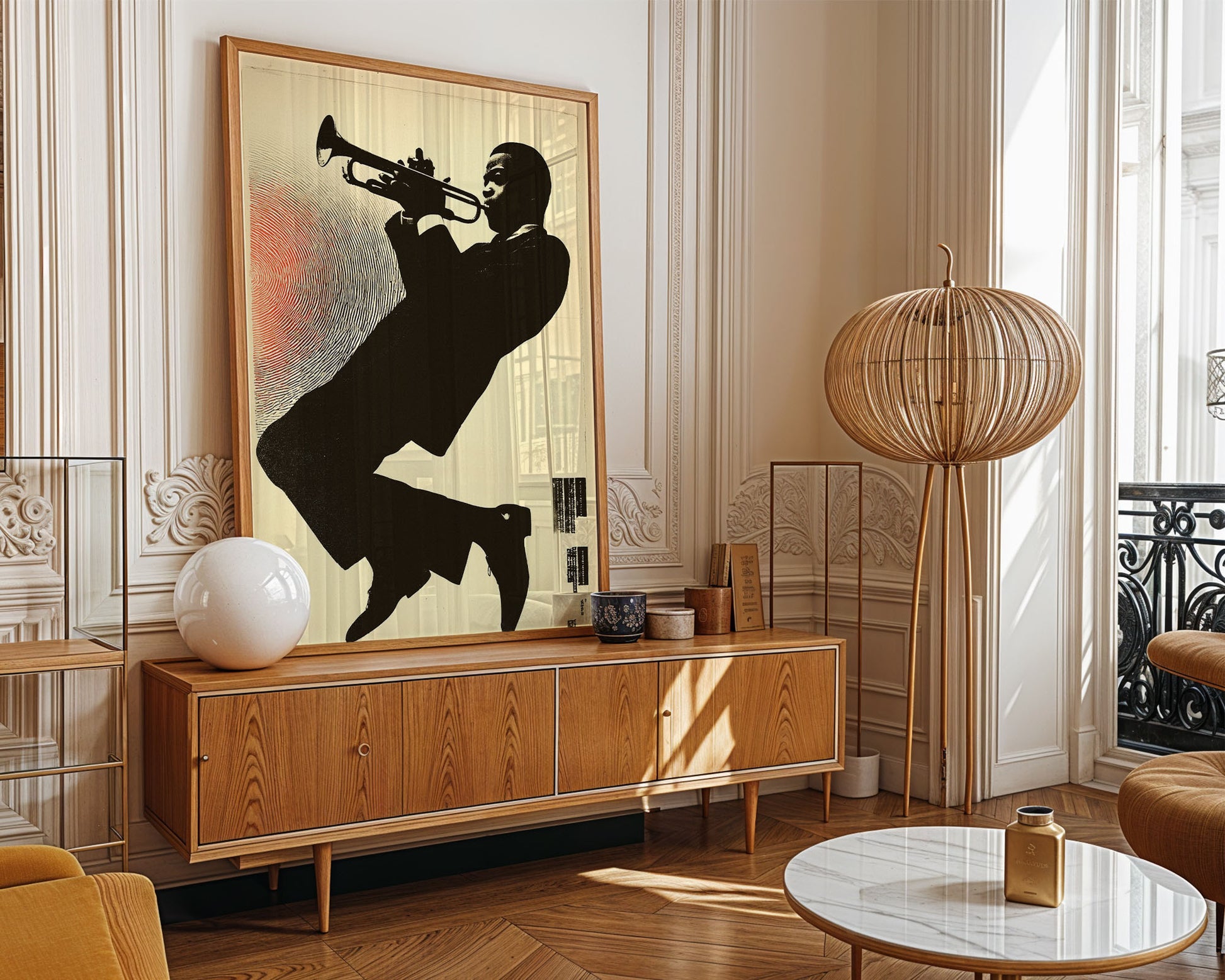 Mid-century modern poster styled in clean Scandinavian inspired living space