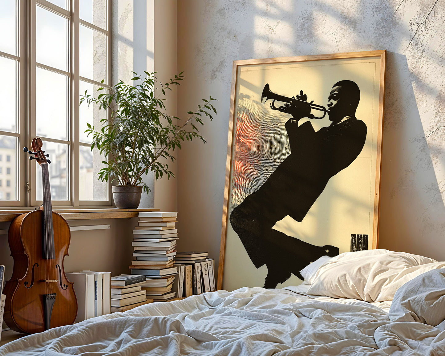 Colourful mid-century style poster adding bold accent to modern home interior