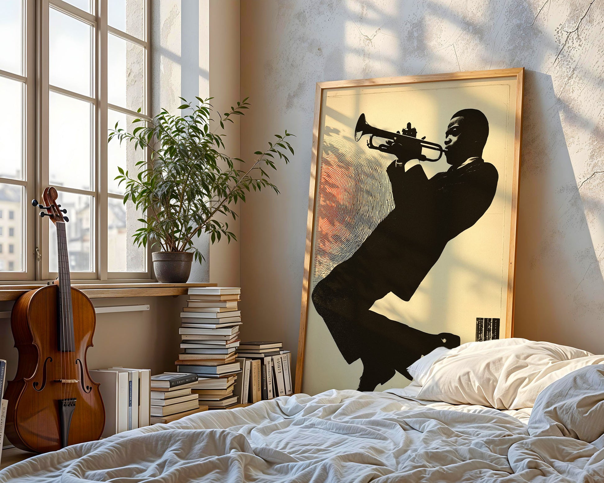 Colourful mid-century style poster adding bold accent to modern home interior
