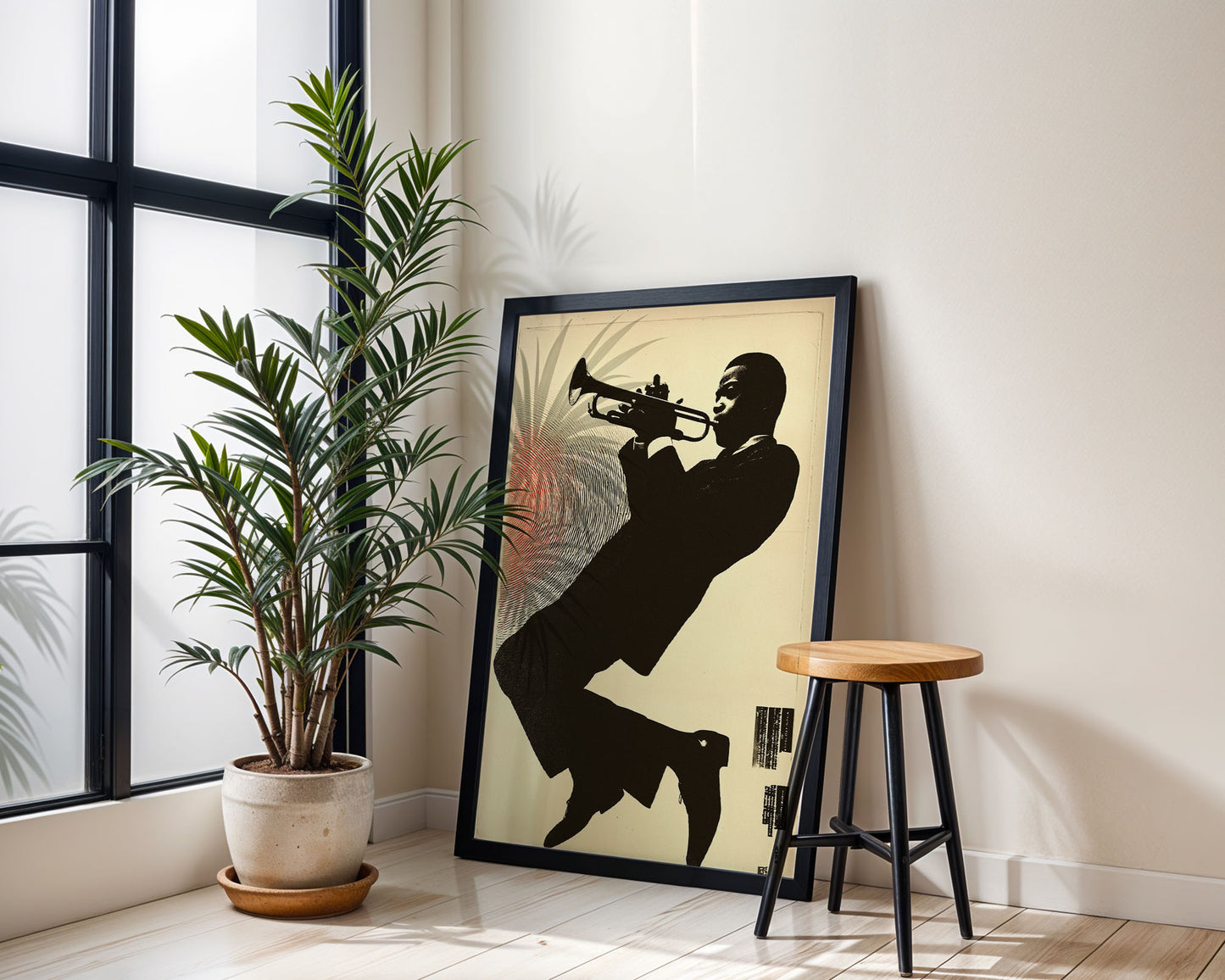 Mid-century modern wall art print featured in neutral interior design space