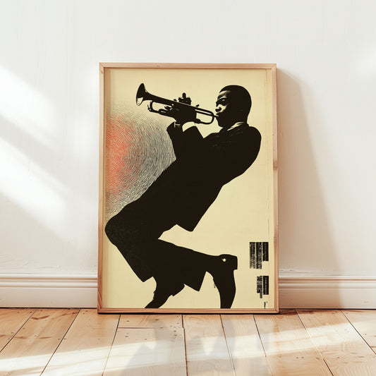 Miles Davis jazz silhouette poster featuring trumpet player in minimalist mid-century modern style wall art from Wallgarde

