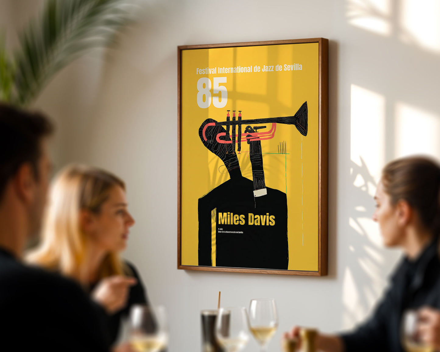 Framed mid-century style wall art print styled against minimalist interior wall