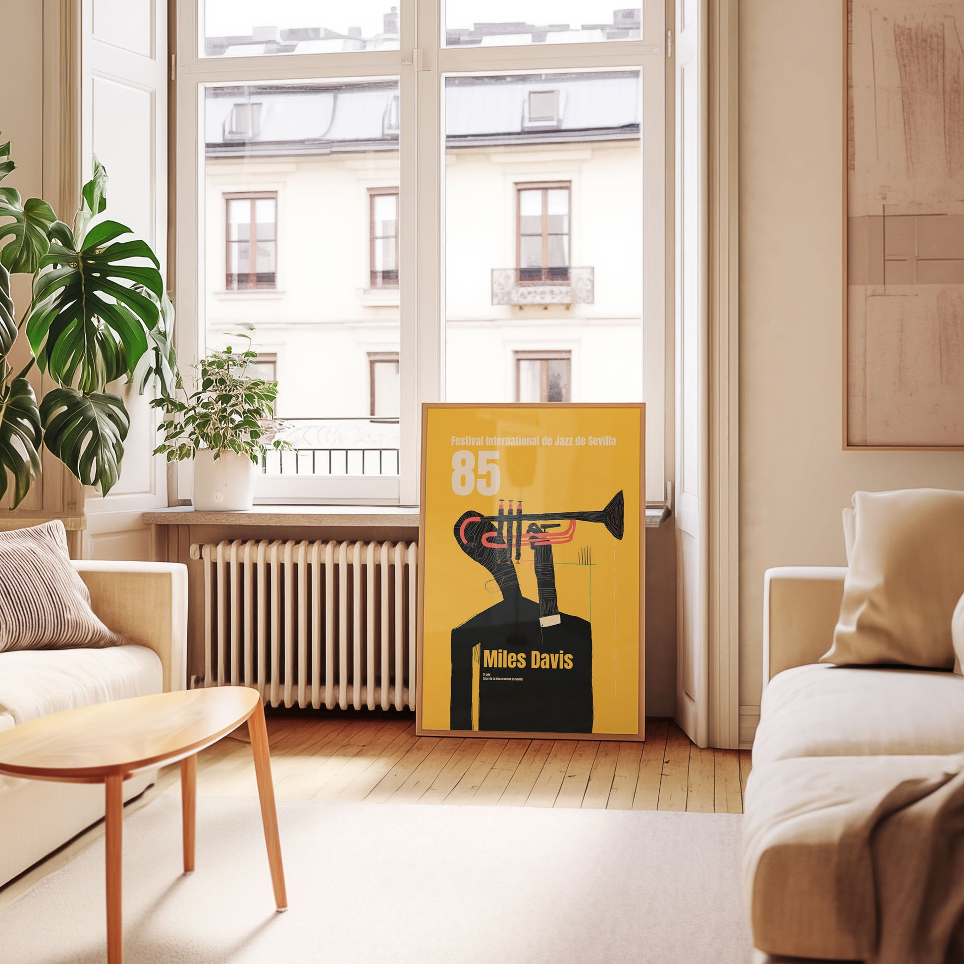 Living room with a 'Miles Davis' poster on a wall