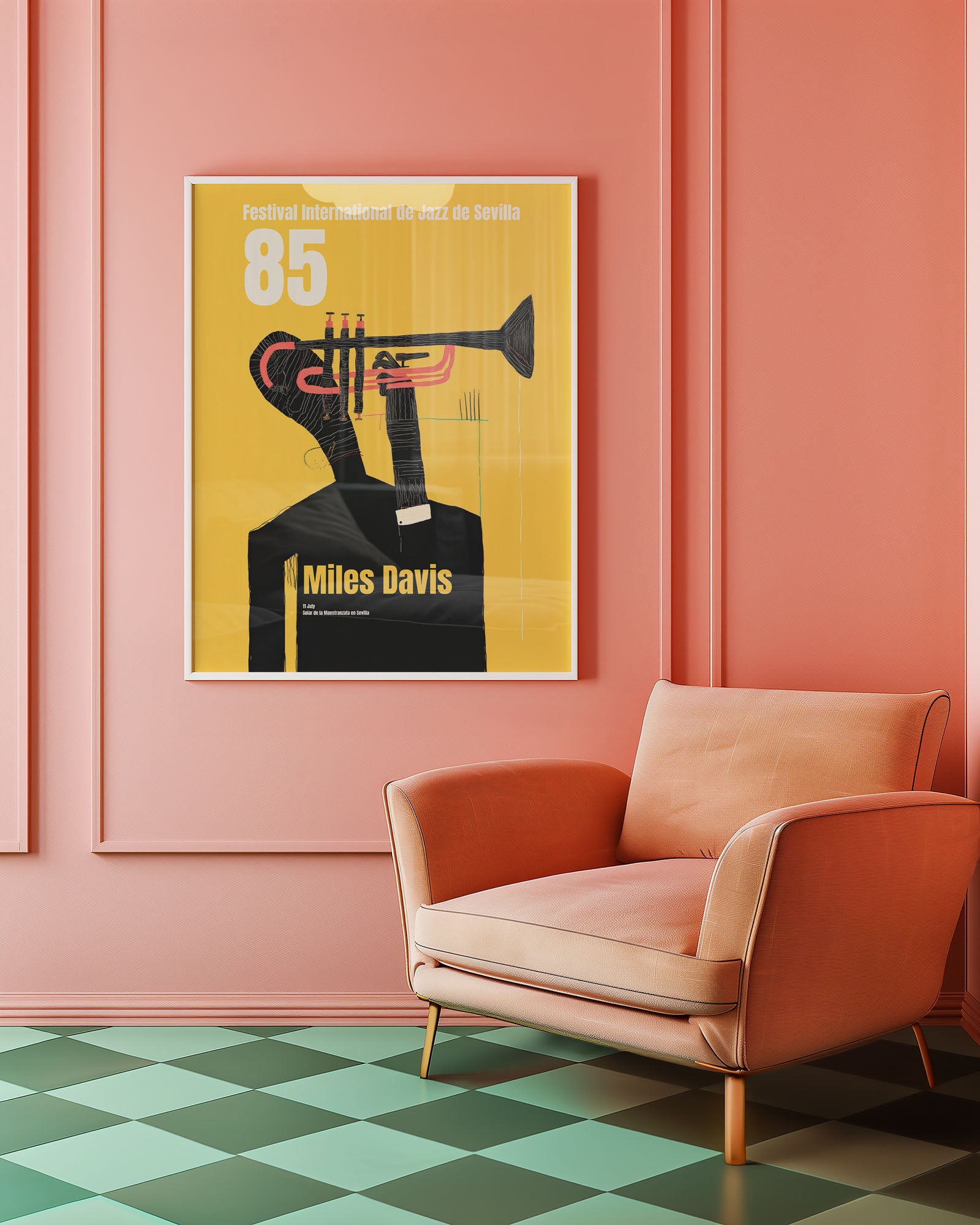 Poster of Miles Davis with a trumpet on a pink wall above a peach armchair.