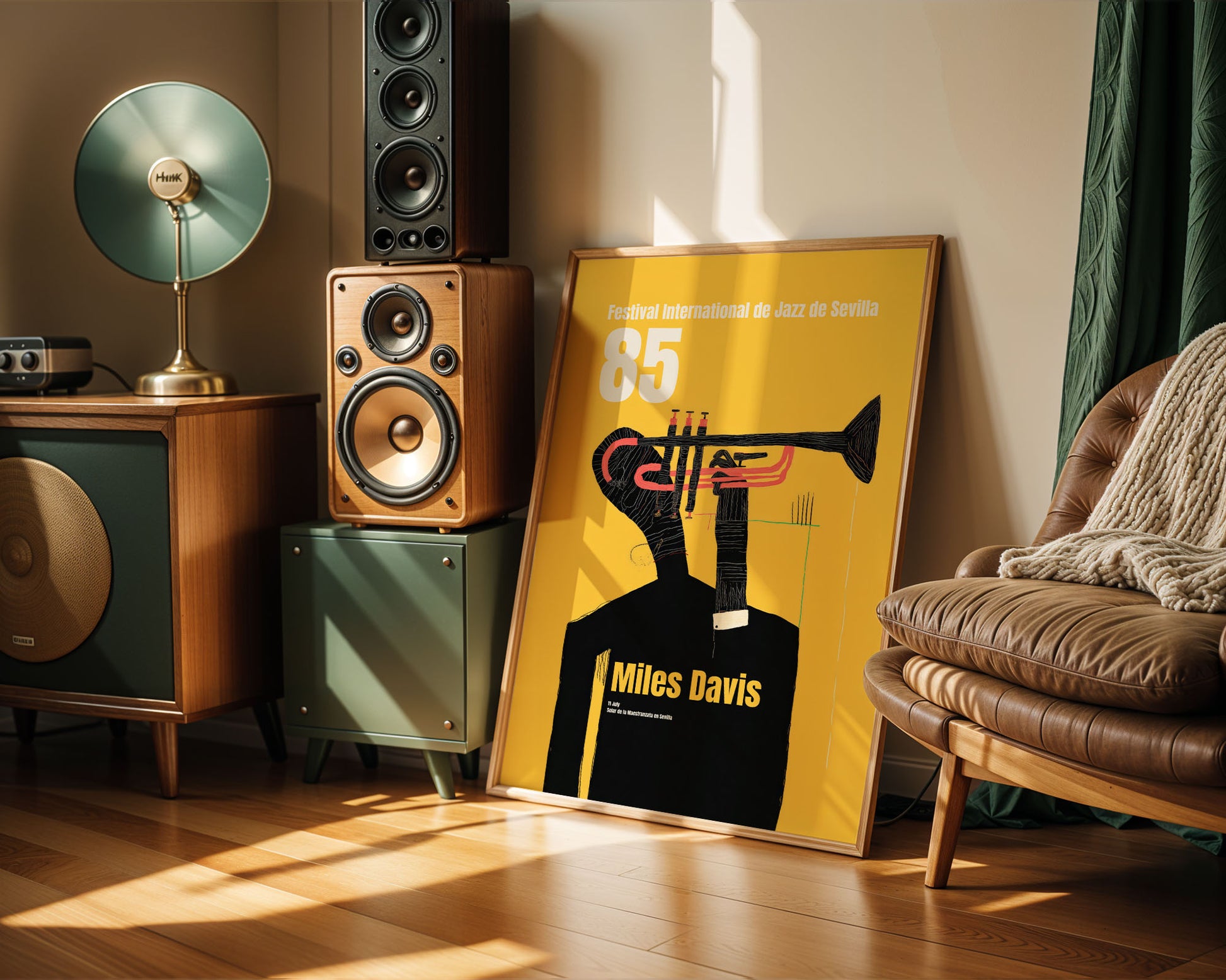 Room interior with speakers, a lamp, and a poster of Miles Davis on a wall.
