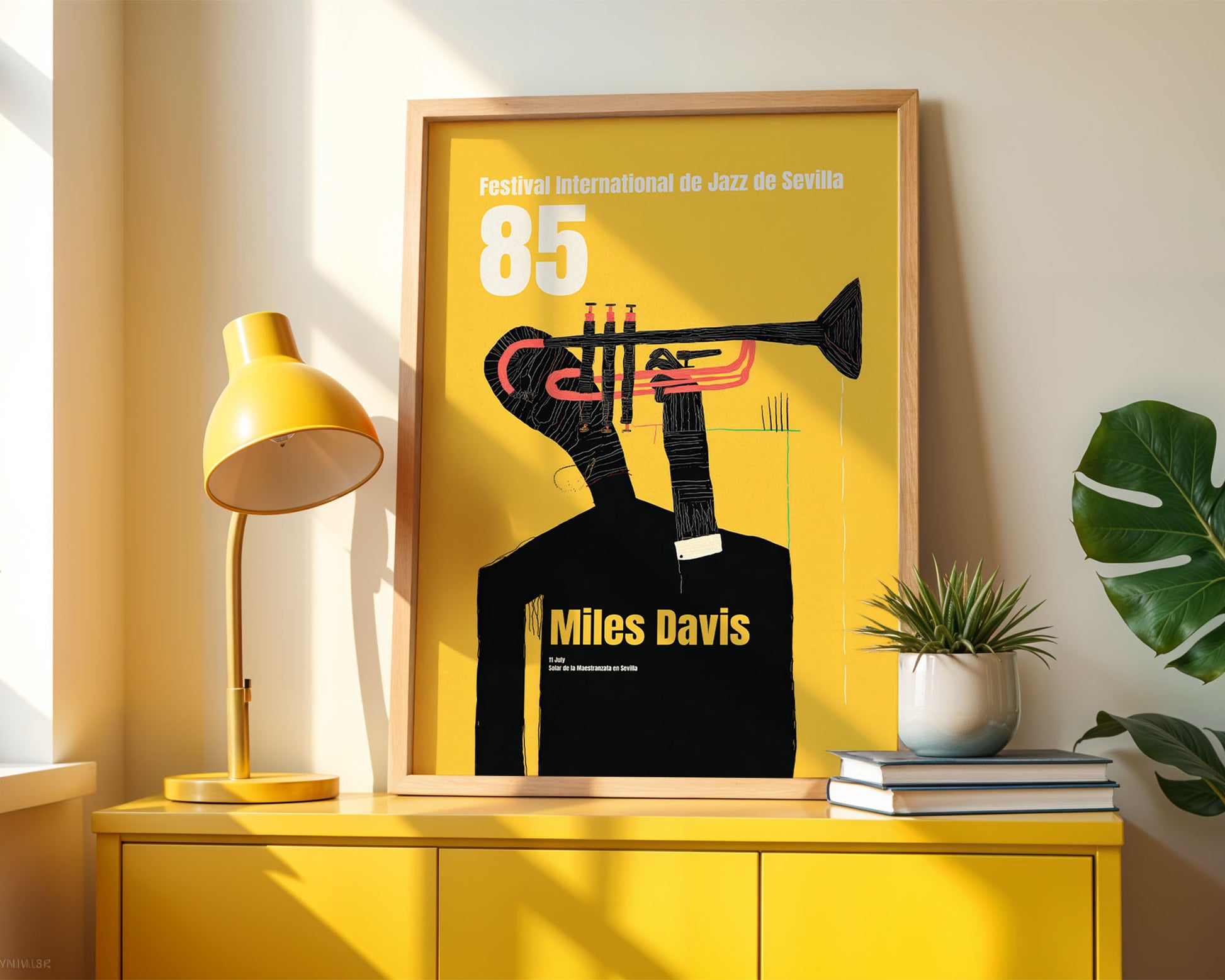 Framed poster of Miles Davis playing a trumpet on a yellow cabinet with a lamp and plant.