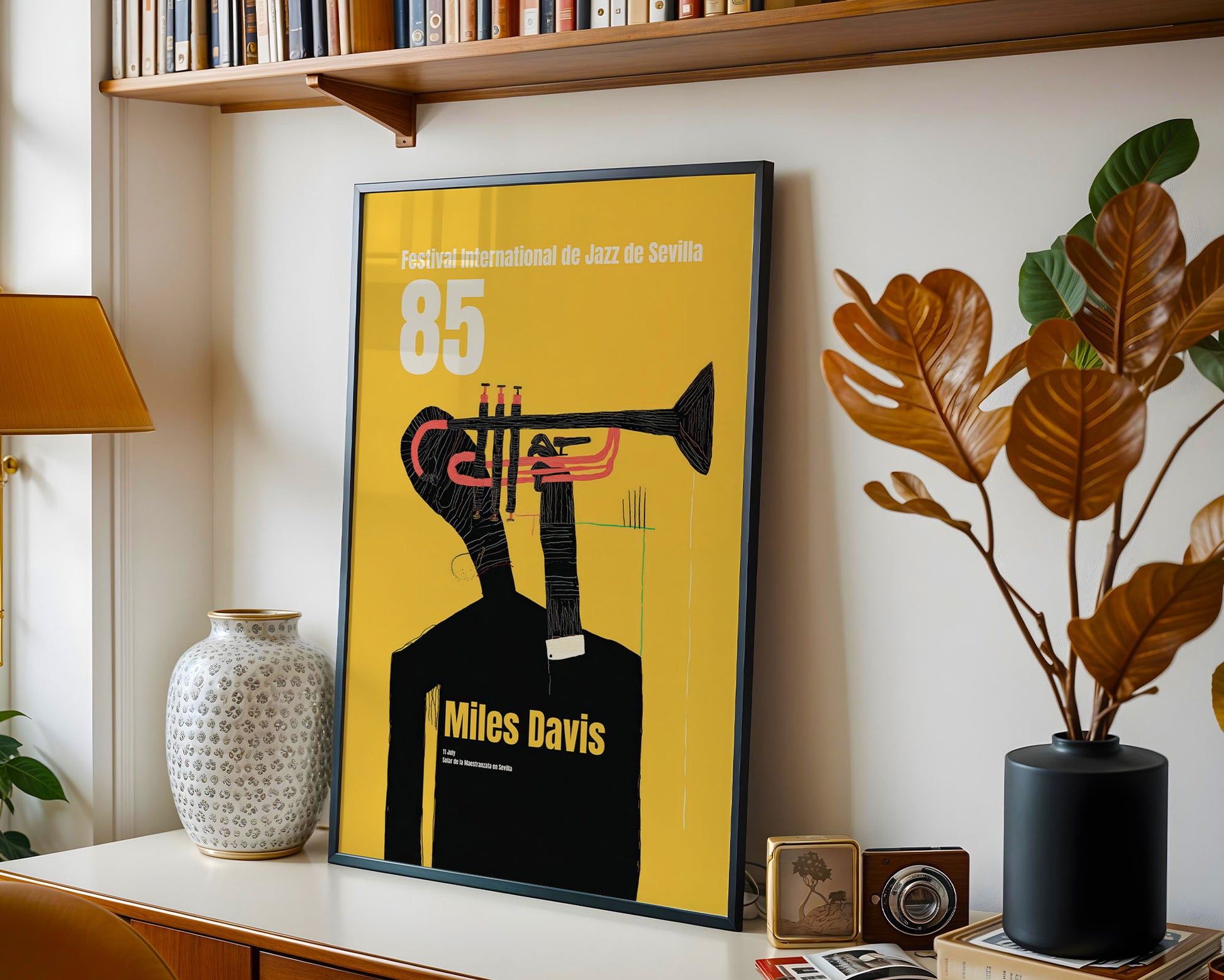 Colourful mid-century style poster adding bold accent to modern home interior