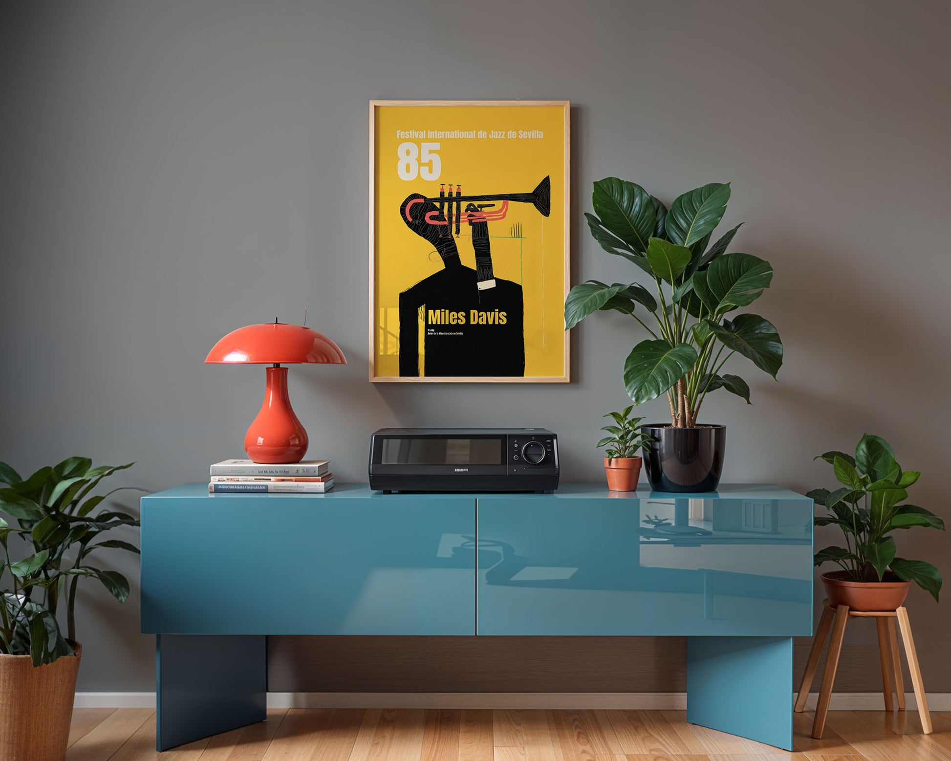 Mid-century inspired art poster styled above sofa in modern home decor setting