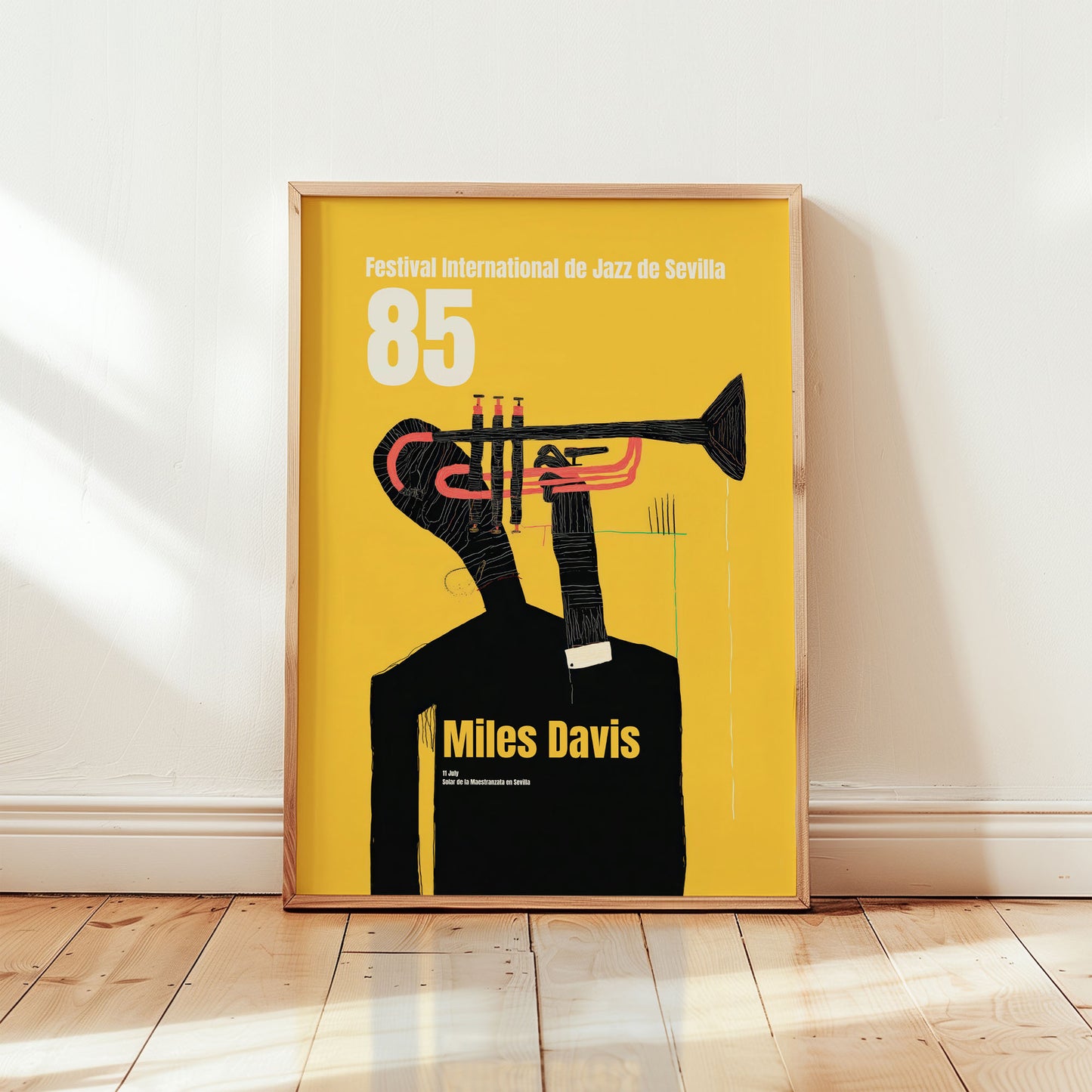 Miles Davis Seville Jazz Festival 1985 poster with trumpet silhouette in mid-century modern style wall art from Wallgarde
